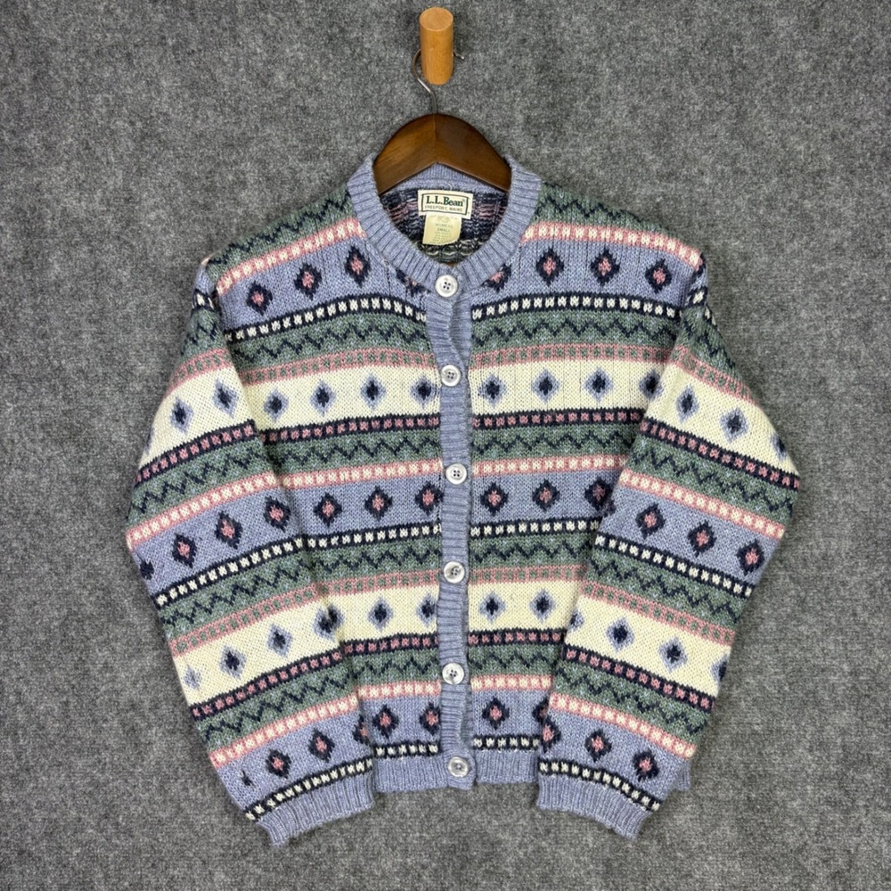 LL Bean Cardigan Sweater Womens Small Blue Fair Isle Mohair Blend USA Vintage